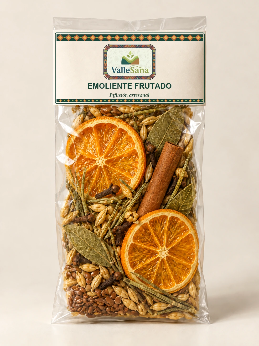 Presentación de Emoliente Frutado con cebada, linaza, hierbas, especias y naranja