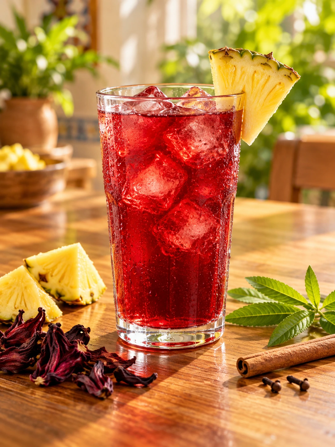 Imagen referencial de Jamaica Piña Punch servida con hielo y piña, en una mesa cálida y luminosa